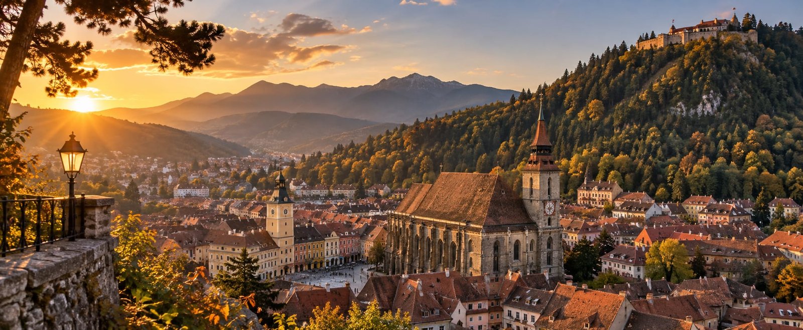 Brașov at golden hour: the Black Church, the Council House tower and Tâmpa, with the Carpathians behind